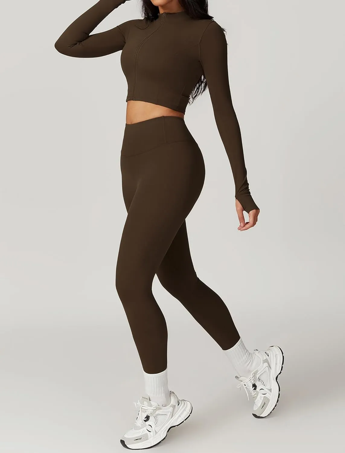 Workout Outfits for Women 3 Piece Long Sleeve Zip Up Cropped Jacket, Sports Bra and Tummy Control Leggings