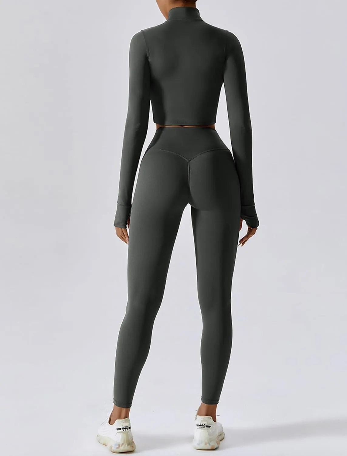Workout Outfits for Women 3 Piece Long Sleeve Zip Up Cropped Jacket, Sports Bra and Tummy Control Leggings