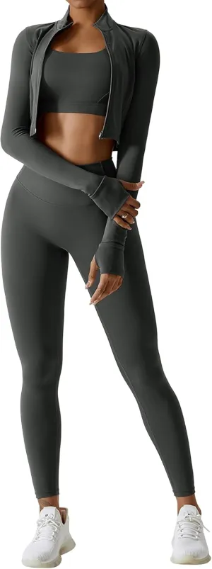 Workout Outfits for Women 3 Piece Long Sleeve Zip Up Cropped Jacket, Sports Bra and Tummy Control Leggings