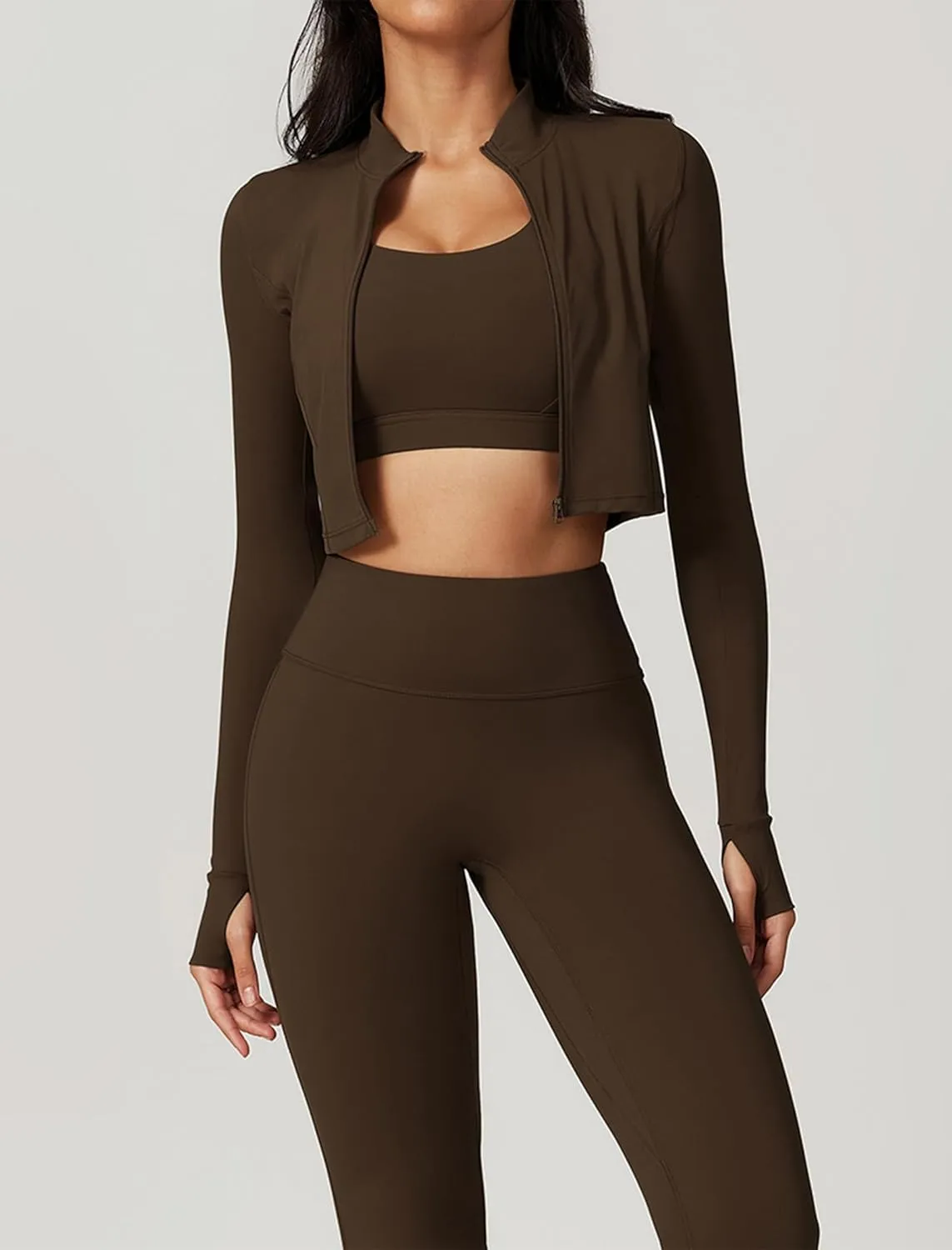 Workout Outfits for Women 3 Piece Long Sleeve Zip Up Cropped Jacket, Sports Bra and Tummy Control Leggings