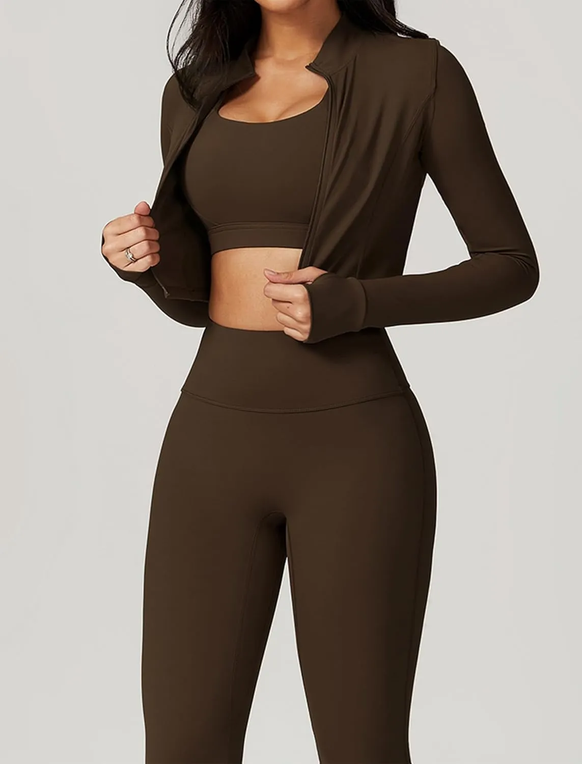 Workout Outfits for Women 3 Piece Long Sleeve Zip Up Cropped Jacket, Sports Bra and Tummy Control Leggings