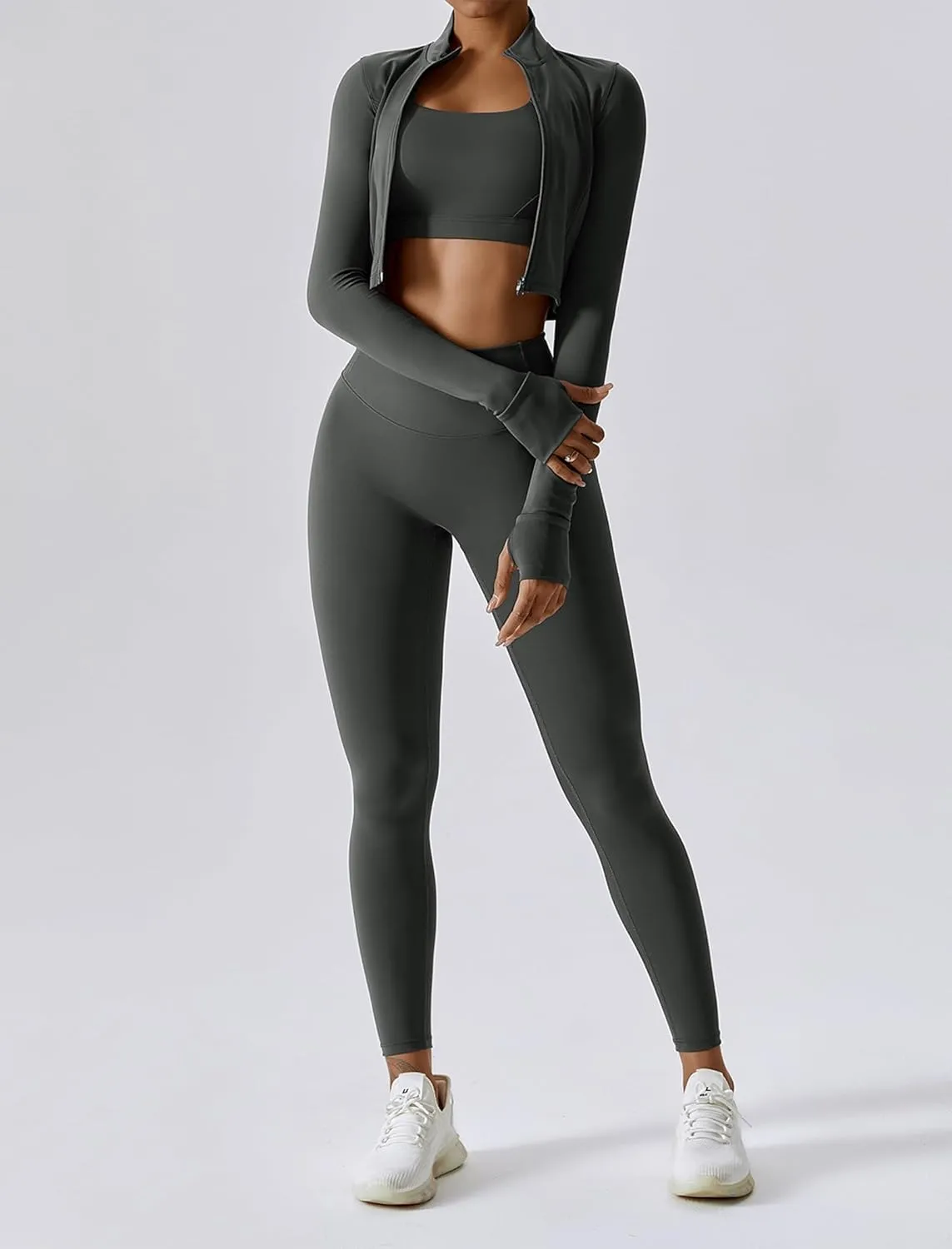 Workout Outfits for Women 3 Piece Long Sleeve Zip Up Cropped Jacket, Sports Bra and Tummy Control Leggings