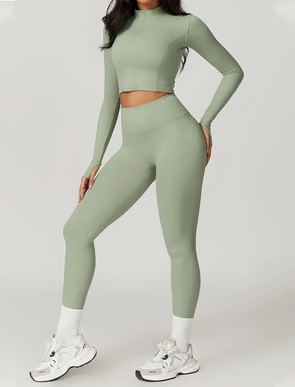Workout Outfits for Women 3 Piece Long Sleeve Zip Up Cropped Jacket, Sports Bra and Tummy Control Leggings