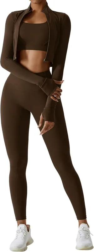 Workout Outfits for Women 3 Piece Long Sleeve Zip Up Cropped Jacket, Sports Bra and Tummy Control Leggings