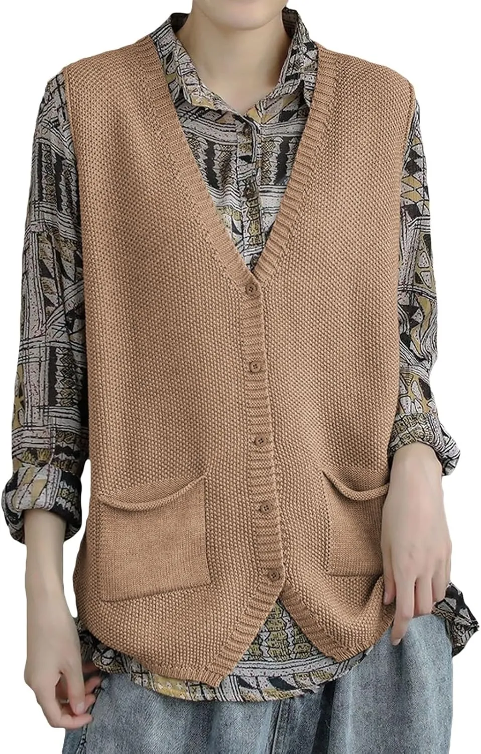 Wowcarbazole Womens V Neck Sweater Vest Sleeveless Button Down Solid Knit Cardigan Vest Casual Knitted Tank Tops with Pockets