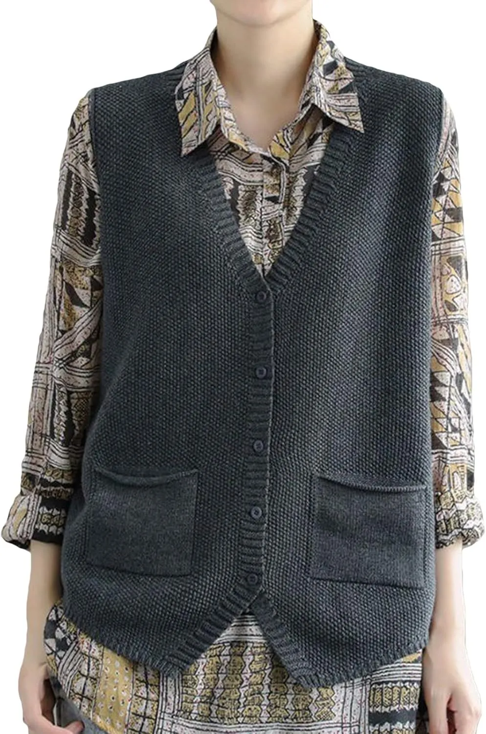Wowcarbazole Womens V Neck Sweater Vest Sleeveless Button Down Solid Knit Cardigan Vest Casual Knitted Tank Tops with Pockets