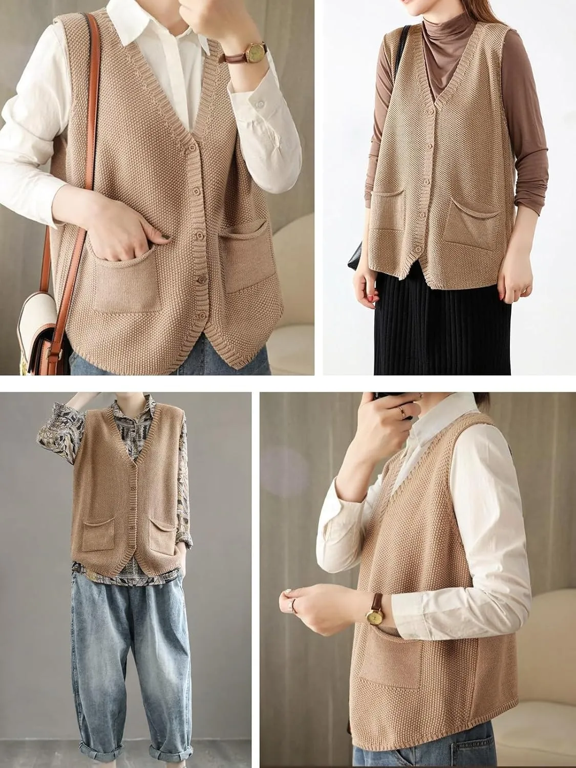 Wowcarbazole Womens V Neck Sweater Vest Sleeveless Button Down Solid Knit Cardigan Vest Casual Knitted Tank Tops with Pockets