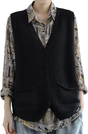 Wowcarbazole Womens V Neck Sweater Vest Sleeveless Button Down Solid Knit Cardigan Vest Casual Knitted Tank Tops with Pockets