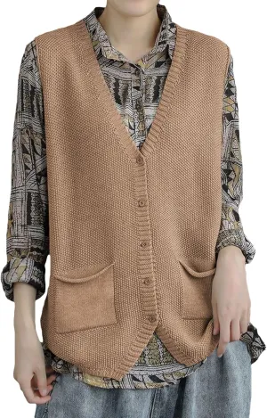 Wowcarbazole Womens V Neck Sweater Vest Sleeveless Button Down Solid Knit Cardigan Vest Casual Knitted Tank Tops with Pockets
