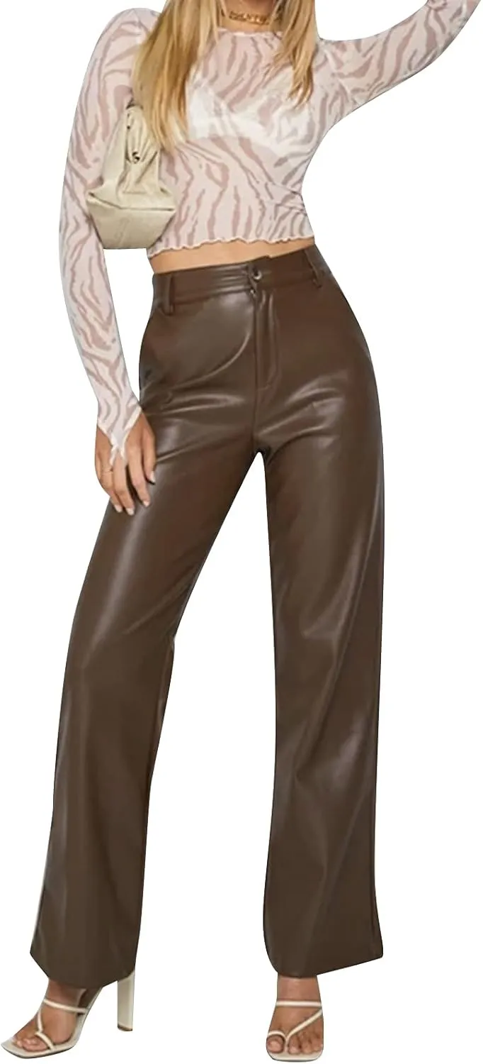 Y2K Leather Pants for Women Vintage Faux Leather Pockets Straight Leg Trousers