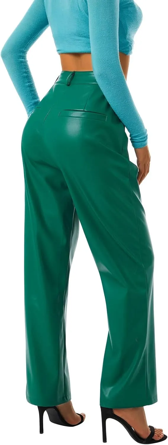 Y2K Leather Pants for Women Vintage Faux Leather Pockets Straight Leg Trousers