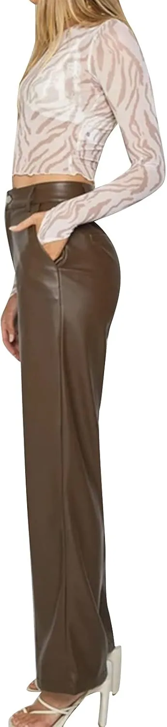 Y2K Leather Pants for Women Vintage Faux Leather Pockets Straight Leg Trousers