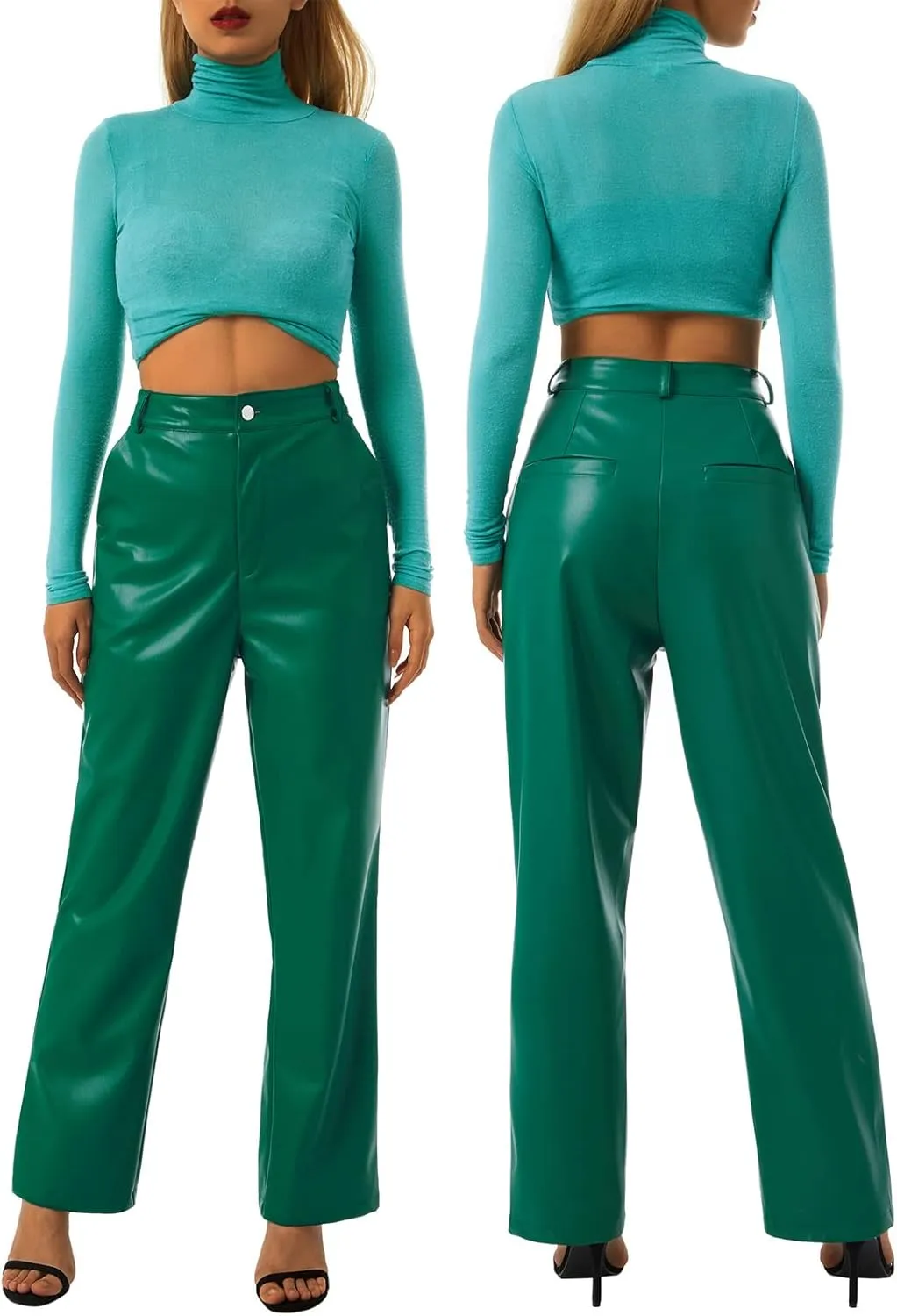 Y2K Leather Pants for Women Vintage Faux Leather Pockets Straight Leg Trousers