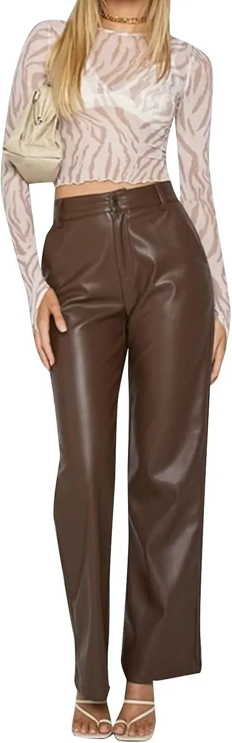 Y2K Leather Pants for Women Vintage Faux Leather Pockets Straight Leg Trousers