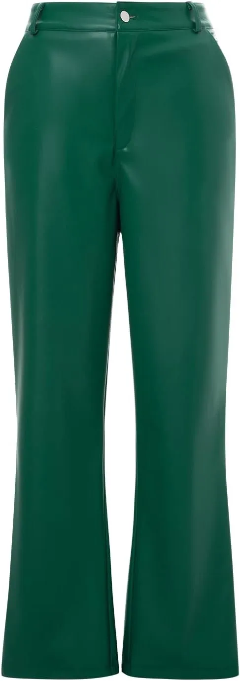 Y2K Leather Pants for Women Vintage Faux Leather Pockets Straight Leg Trousers