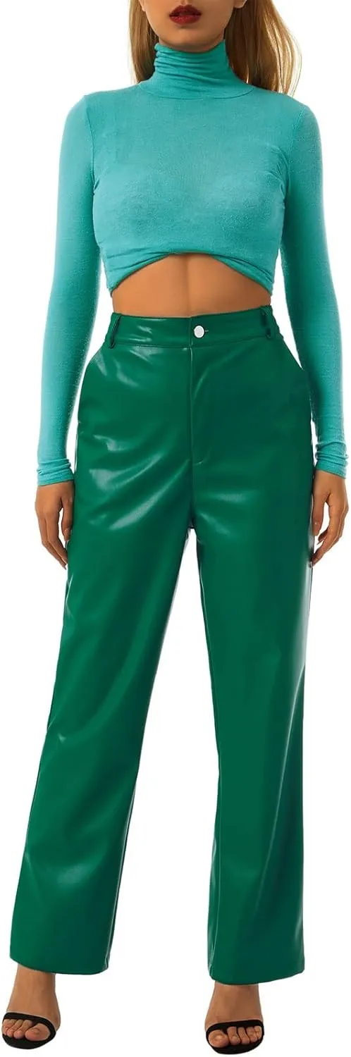 Y2K Leather Pants for Women Vintage Faux Leather Pockets Straight Leg Trousers
