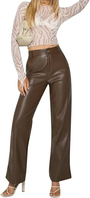 Y2K Leather Pants for Women Vintage Faux Leather Pockets Straight Leg Trousers
