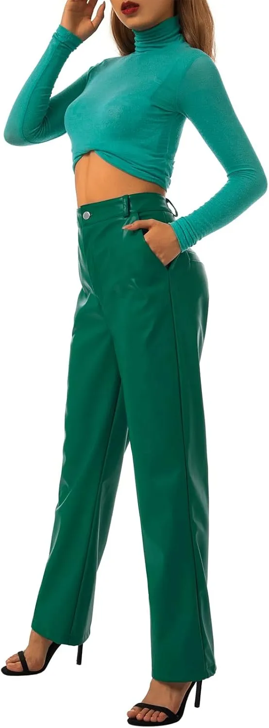 Y2K Leather Pants for Women Vintage Faux Leather Pockets Straight Leg Trousers