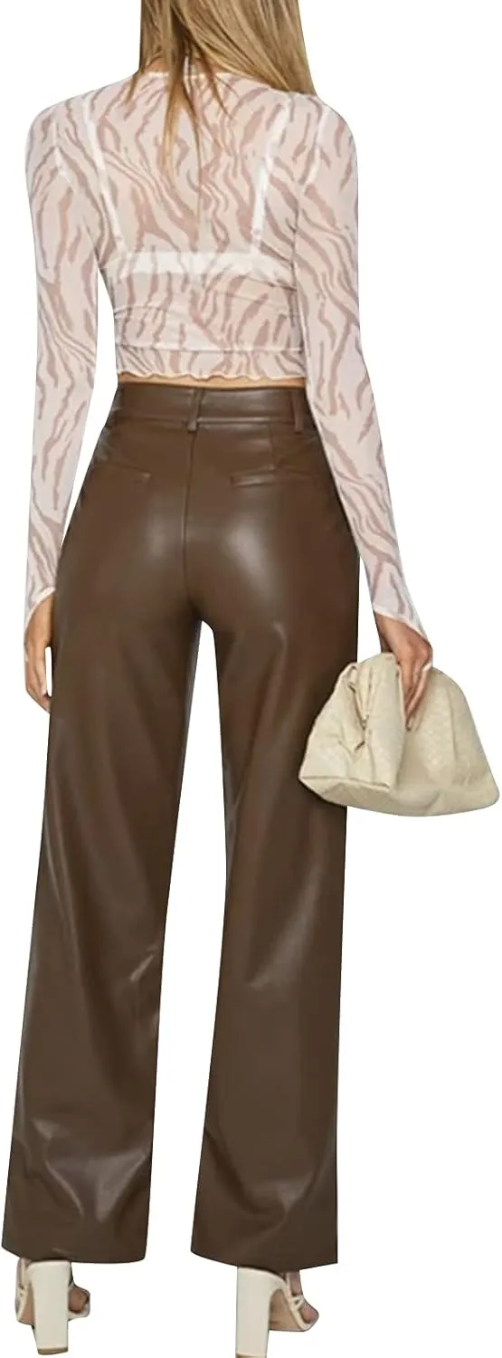 Y2K Leather Pants for Women Vintage Faux Leather Pockets Straight Leg Trousers