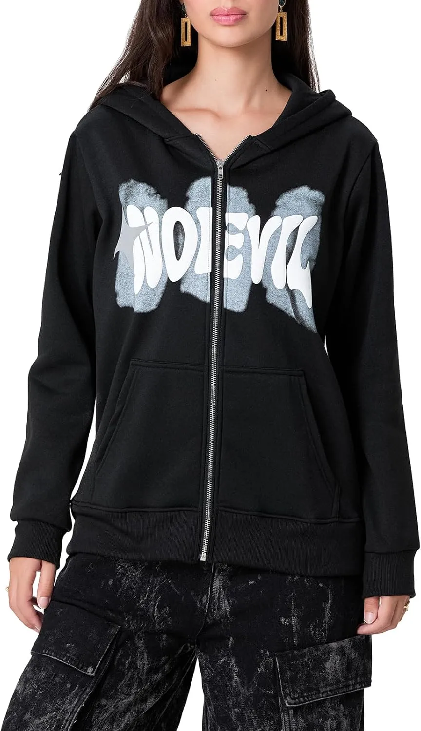 Y2K Zip Up Hoodie for Men Women Star Graphic Letter Print Long Sleeve Sweatshirt Aesthetic Oversized Harajuku Jacket