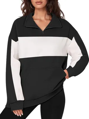 YATHON Womens Casual Quarter Zip Sweatshirt Color Block Fleece Fall Winter Outfits Pullover Sweater Clothes with Pockets