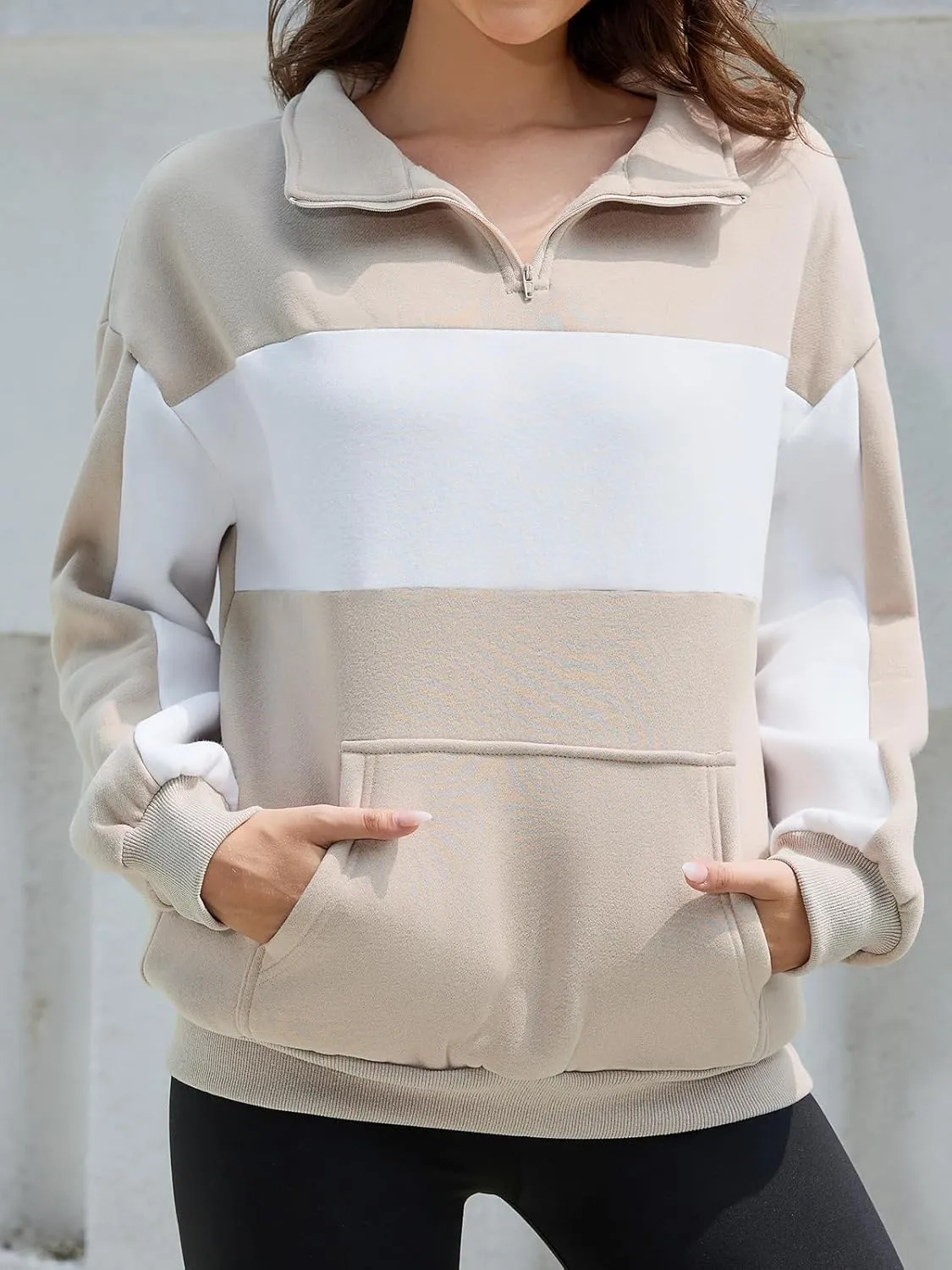 YATHON Womens Casual Quarter Zip Sweatshirt Color Block Fleece Fall Winter Outfits Pullover Sweater Clothes with Pockets