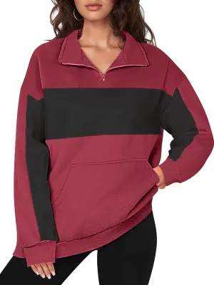 YATHON Womens Casual Quarter Zip Sweatshirt Color Block Fleece Fall Winter Outfits Pullover Sweater Clothes with Pockets