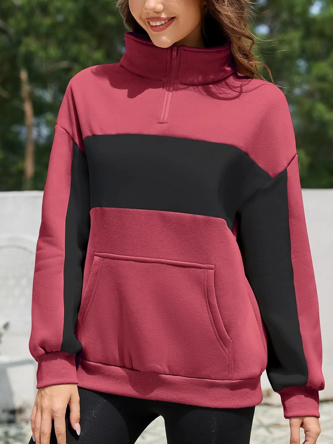 YATHON Womens Casual Quarter Zip Sweatshirt Color Block Fleece Fall Winter Outfits Pullover Sweater Clothes with Pockets