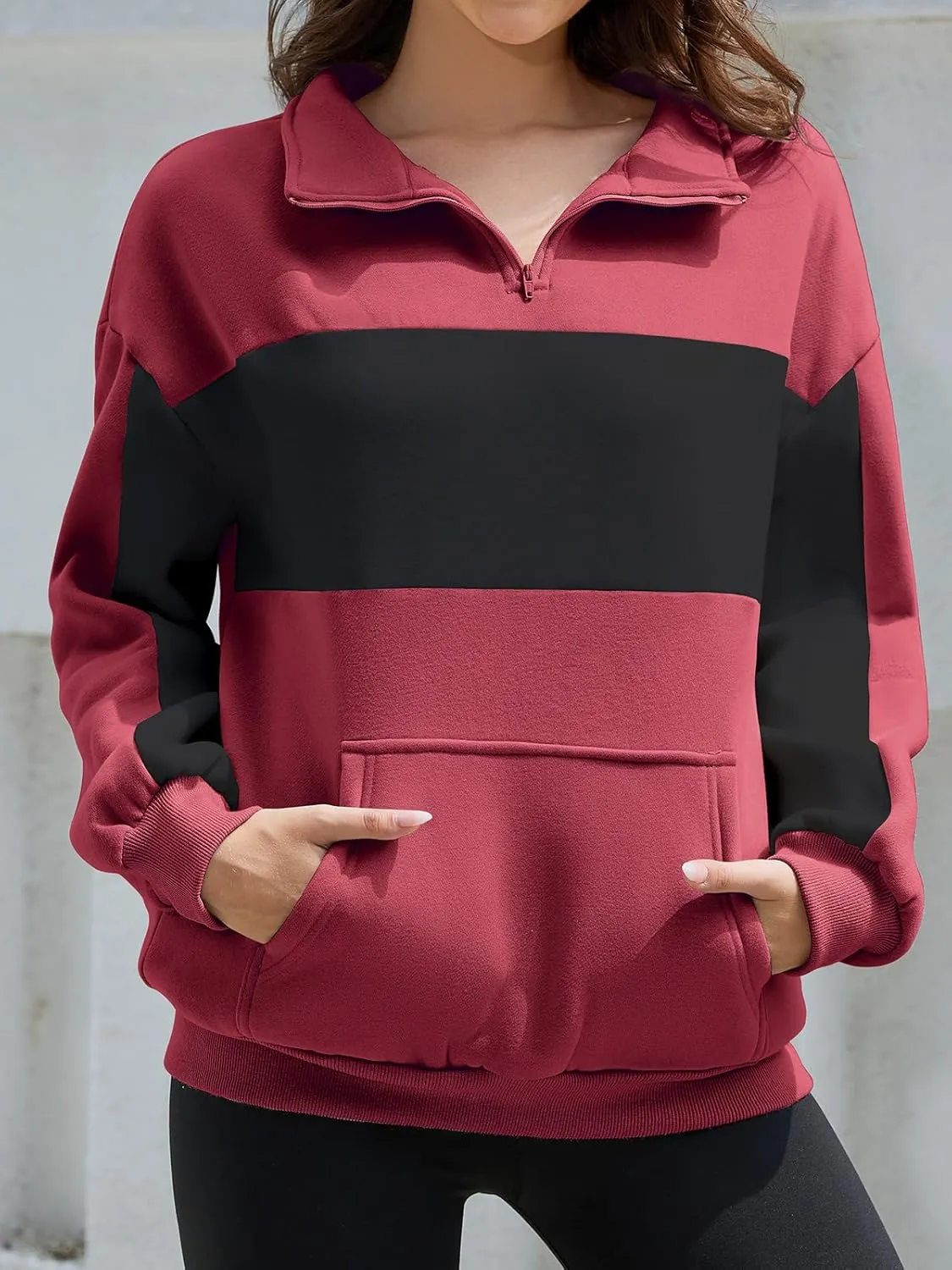 YATHON Womens Casual Quarter Zip Sweatshirt Color Block Fleece Fall Winter Outfits Pullover Sweater Clothes with Pockets