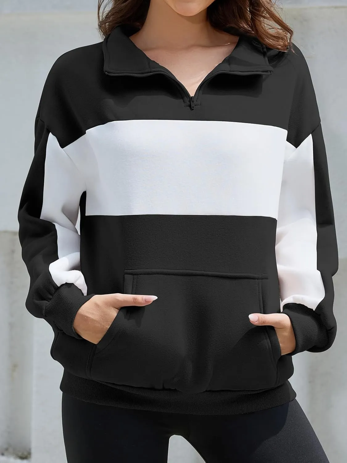 YATHON Womens Casual Quarter Zip Sweatshirt Color Block Fleece Fall Winter Outfits Pullover Sweater Clothes with Pockets