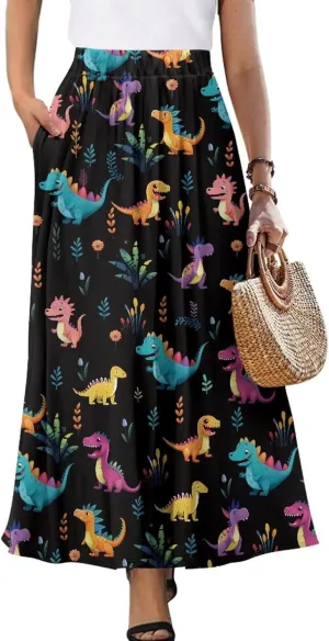Yewattles Womens Elastic High Waist Pleated A-Line Flowy Swing Maxi Long Skirt Dress with Pockets