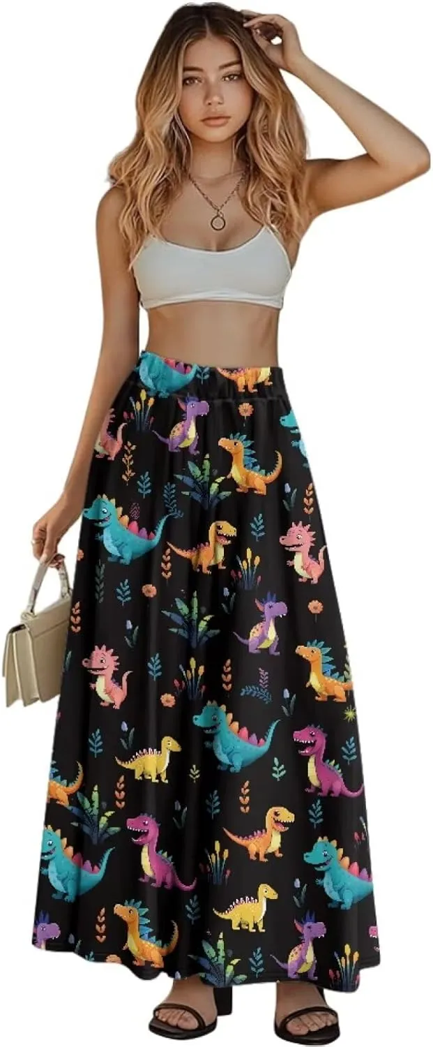 Yewattles Womens Elastic High Waist Pleated A-Line Flowy Swing Maxi Long Skirt Dress with Pockets