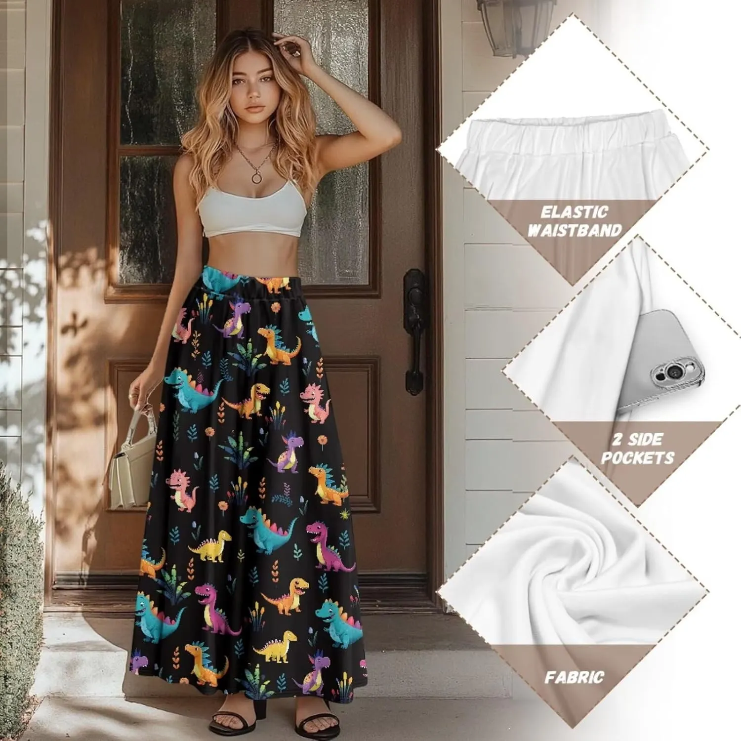 Yewattles Womens Elastic High Waist Pleated A-Line Flowy Swing Maxi Long Skirt Dress with Pockets
