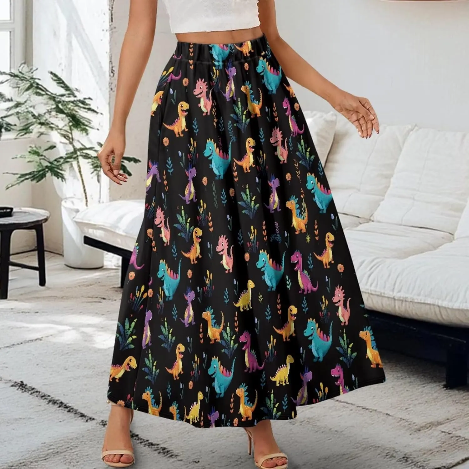 Yewattles Womens Elastic High Waist Pleated A-Line Flowy Swing Maxi Long Skirt Dress with Pockets