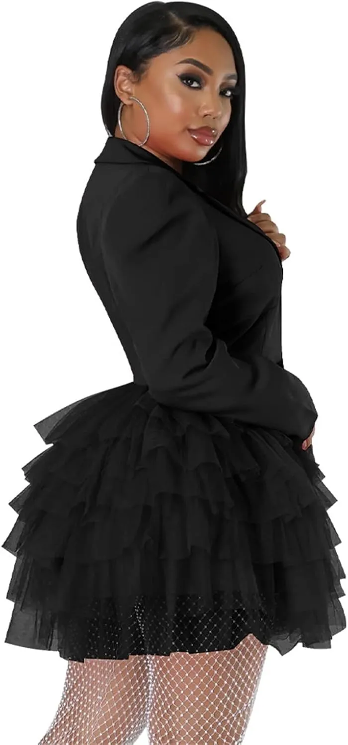 YLWX Lapel Blazer Dress for Women Sexy, Puffy Mesh V Neck Short Dresses for Work Business Special Occasion, Long Sleeve