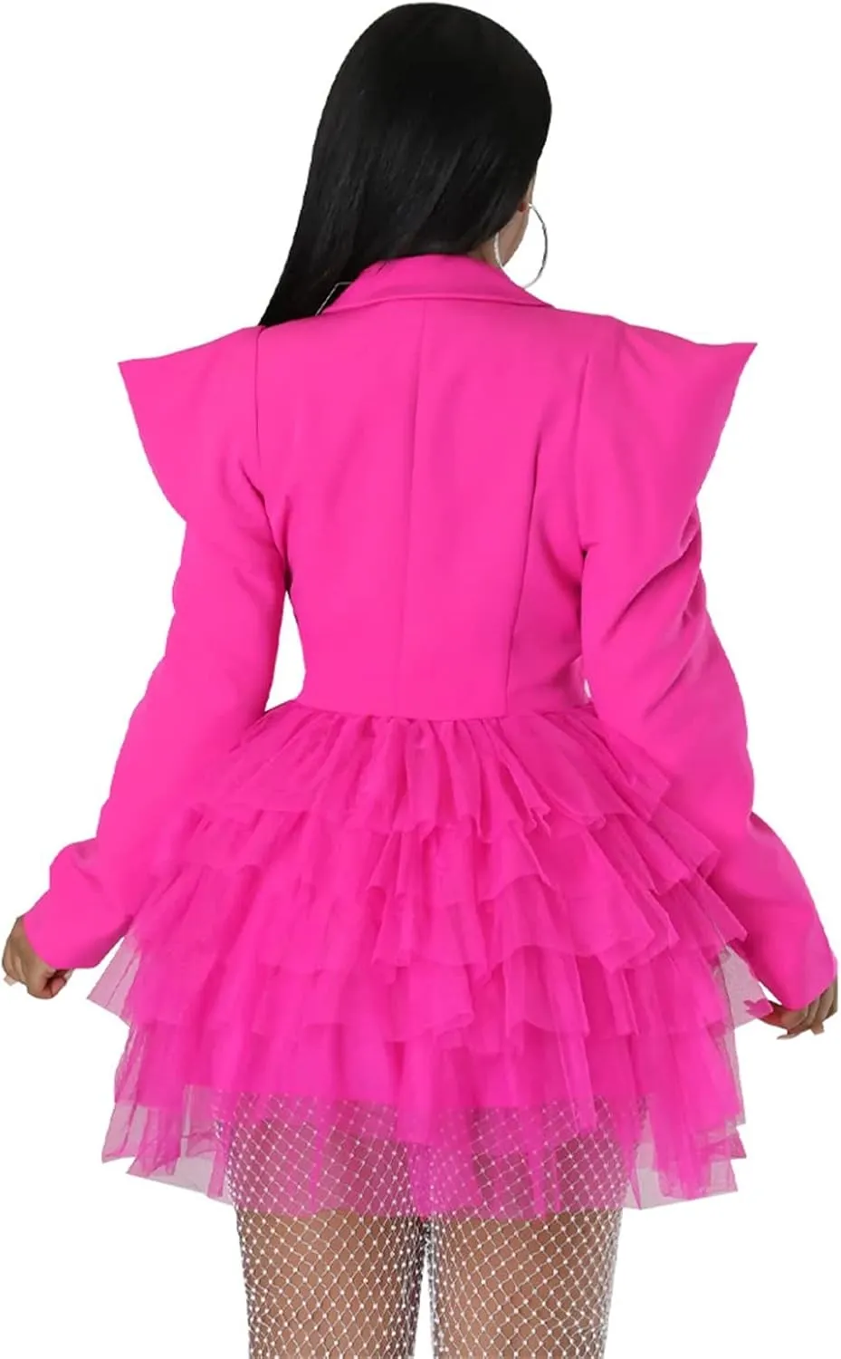 YLWX Lapel Blazer Dress for Women Sexy, Puffy Mesh V Neck Short Dresses for Work Business Special Occasion, Long Sleeve
