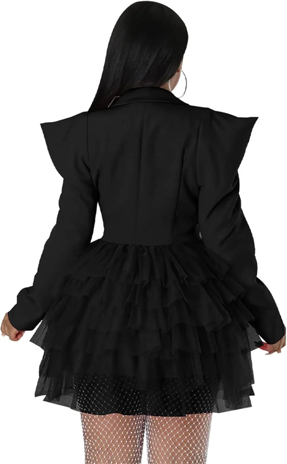 YLWX Lapel Blazer Dress for Women Sexy, Puffy Mesh V Neck Short Dresses for Work Business Special Occasion, Long Sleeve