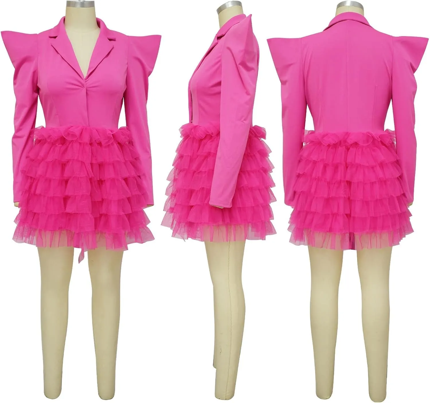 YLWX Lapel Blazer Dress for Women Sexy, Puffy Mesh V Neck Short Dresses for Work Business Special Occasion, Long Sleeve