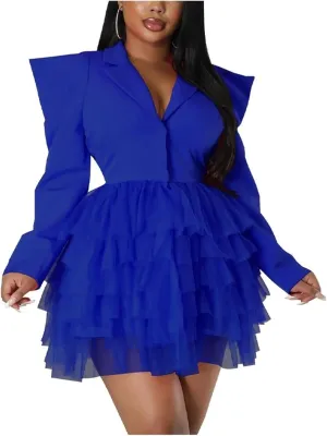 YLWX Lapel Blazer Dress for Women Sexy, Puffy Mesh V Neck Short Dresses for Work Business Special Occasion, Long Sleeve