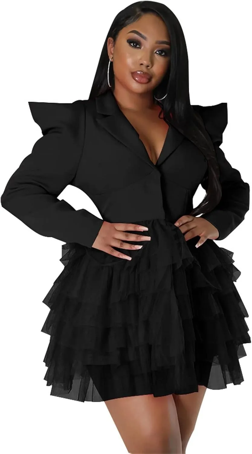 YLWX Lapel Blazer Dress for Women Sexy, Puffy Mesh V Neck Short Dresses for Work Business Special Occasion, Long Sleeve