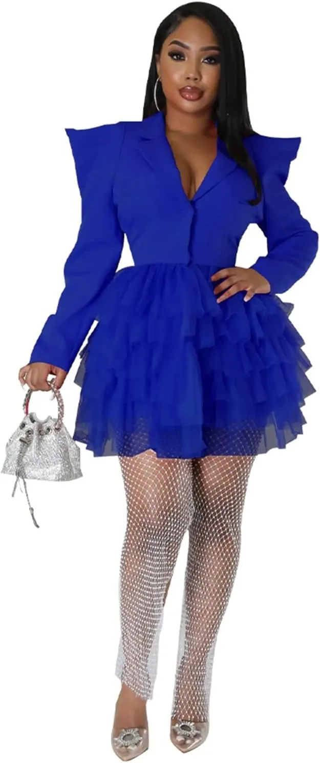 YLWX Lapel Blazer Dress for Women Sexy, Puffy Mesh V Neck Short Dresses for Work Business Special Occasion, Long Sleeve