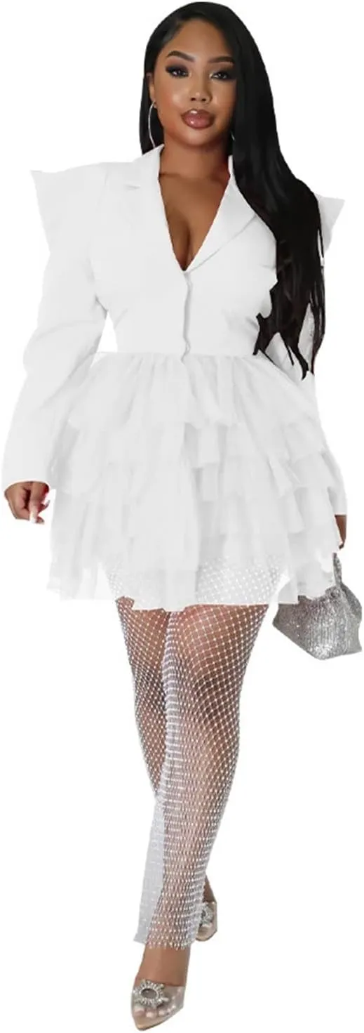 YLWX Lapel Blazer Dress for Women Sexy, Puffy Mesh V Neck Short Dresses for Work Business Special Occasion, Long Sleeve