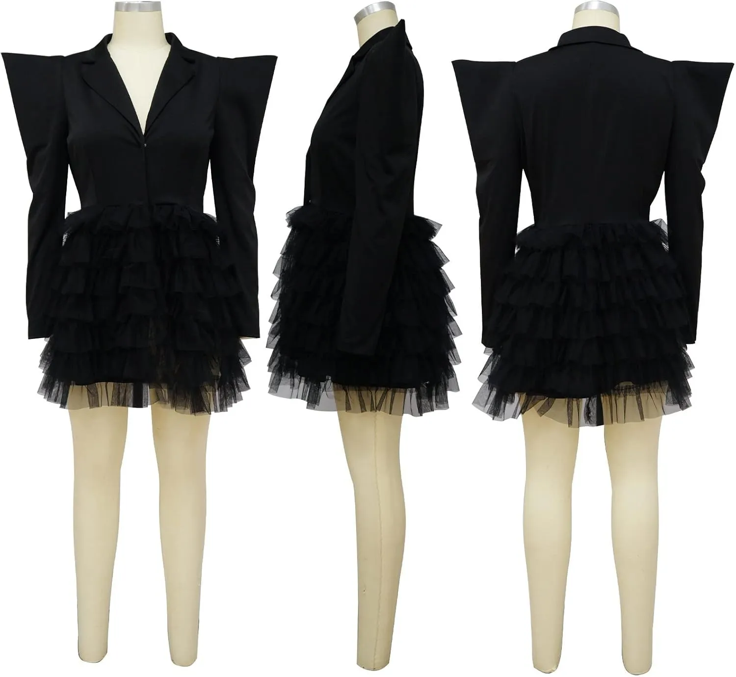 YLWX Lapel Blazer Dress for Women Sexy, Puffy Mesh V Neck Short Dresses for Work Business Special Occasion, Long Sleeve