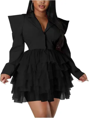 YLWX Lapel Blazer Dress for Women Sexy, Puffy Mesh V Neck Short Dresses for Work Business Special Occasion, Long Sleeve