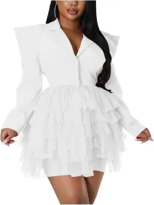 YLWX Lapel Blazer Dress for Women Sexy, Puffy Mesh V Neck Short Dresses for Work Business Special Occasion, Long Sleeve