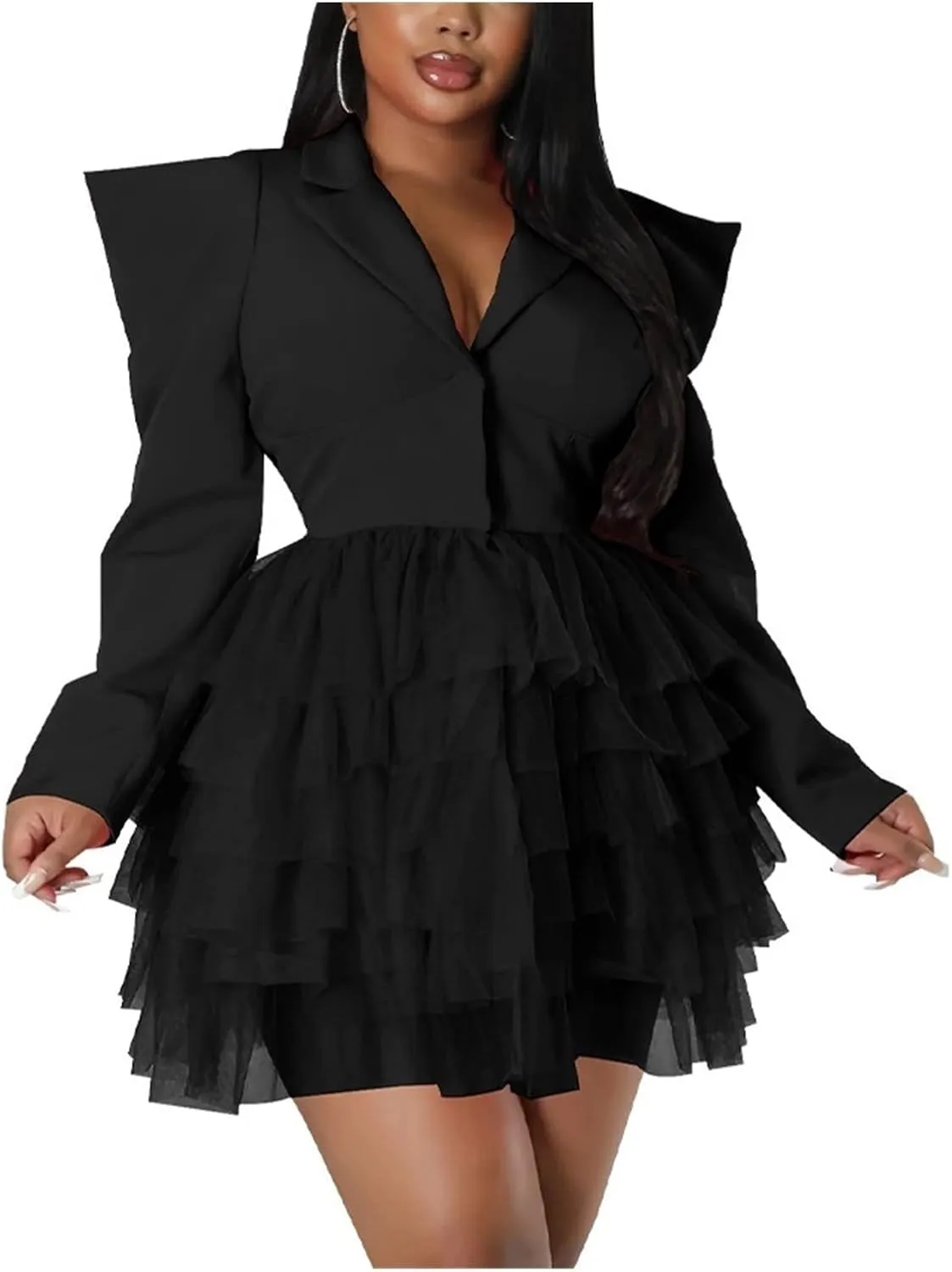 YLWX Lapel Blazer Dress for Women Sexy, Puffy Mesh V Neck Short Dresses for Work Business Special Occasion, Long Sleeve