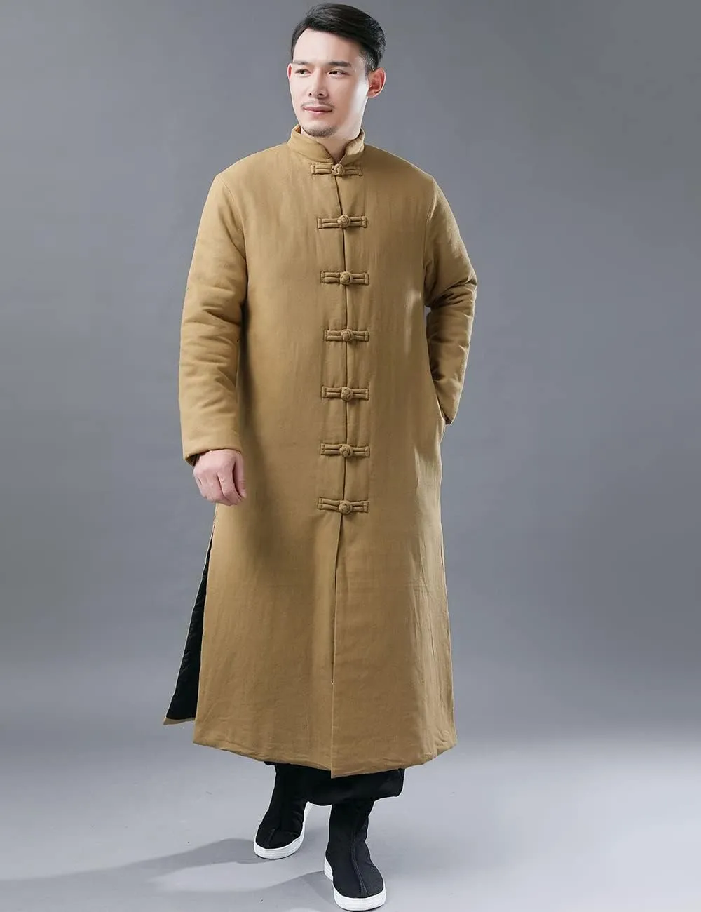 Ystylee Men's Winter Warm Parka Outwear Long Jacket Thick Quilted Traditional Chinese Tang Suit Style Overcoat