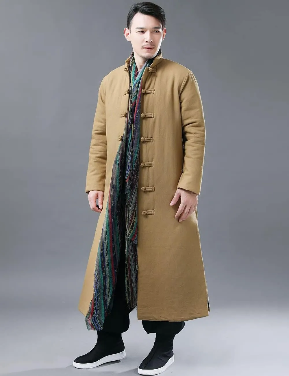 Ystylee Men's Winter Warm Parka Outwear Long Jacket Thick Quilted Traditional Chinese Tang Suit Style Overcoat