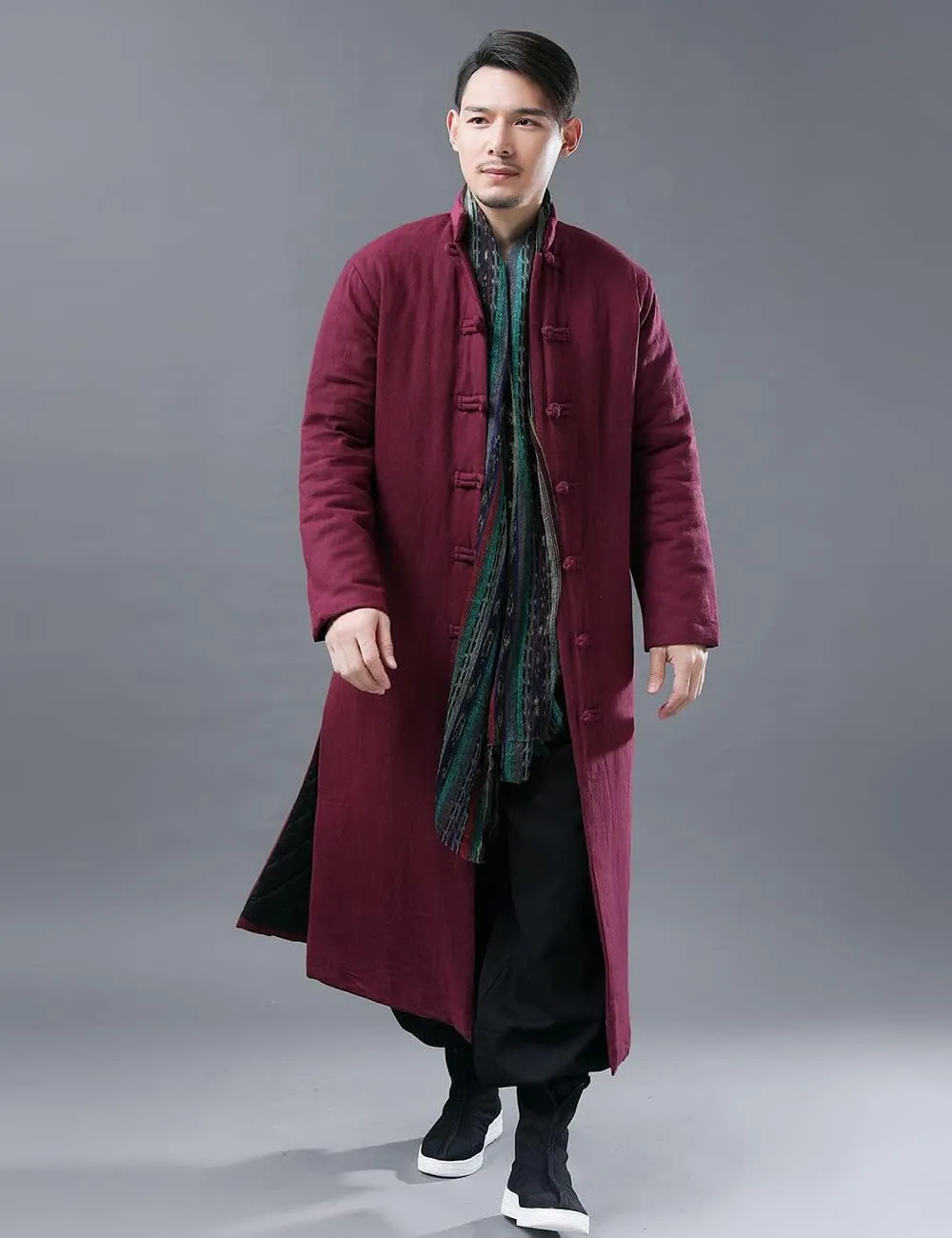 Ystylee Men's Winter Warm Parka Outwear Long Jacket Thick Quilted Traditional Chinese Tang Suit Style Overcoat