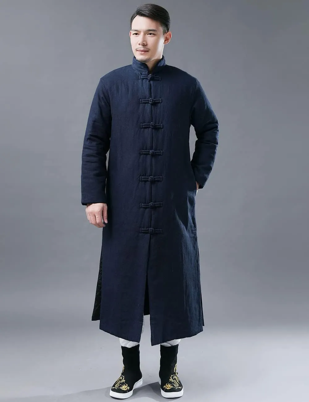 Ystylee Men's Winter Warm Parka Outwear Long Jacket Thick Quilted Traditional Chinese Tang Suit Style Overcoat